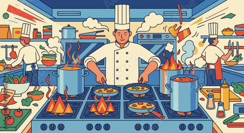 "Chef in a Busy Kitchen"
Flat vector chef managing multiple pans and pots, flames stylized with simple geometric shapes, vibrant workspace energy.