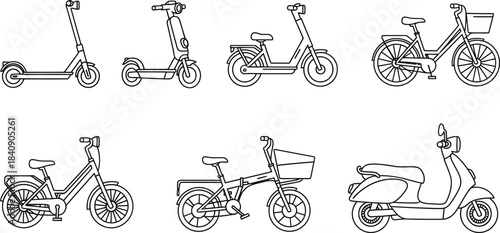 Collection of diverse urban mobility vector outline icons featuring scooters bicycles and mopeds isolated on white background