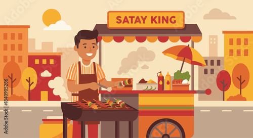 "Street Food Cook"
Flat vector street food vendor grilling skewers, food cart, simple city background, warm and friendly palette, clean flat shapes.