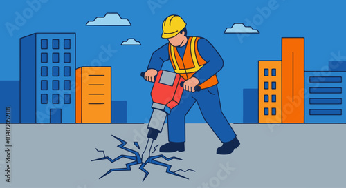 Worker Using Jackhammer"
Flat vector worker operating a jackhammer, ground cracks stylized with simple lines, strong solid colour blocks, minimal urban backdrop.