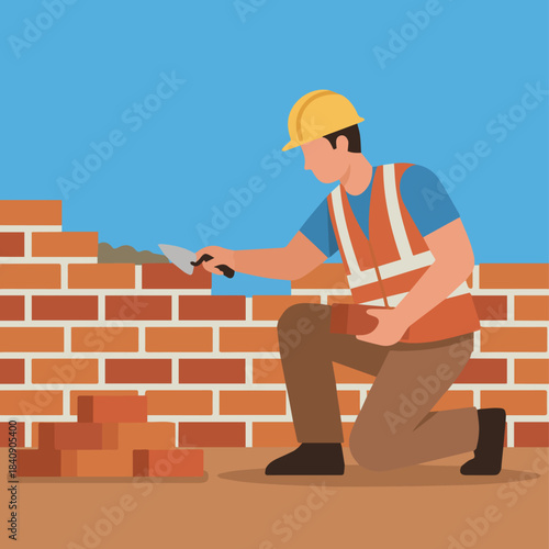 "Worker Laying Bricks"
Flat vector bricklayer placing bricks with trowel, simplified brick wall texture, solid earth-tone colours, minimal shadows.