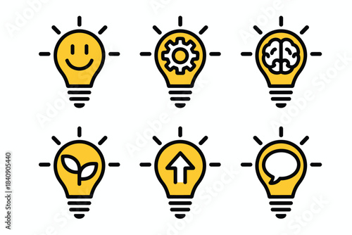 Creative idea stylish icon set including light bulbs, brain imagery, gears, and plant symbols, suitable for innovation visuals, thoughtful problem solving themes, growth concepts, 