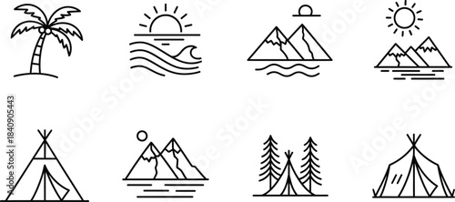 Collection of eight nature travel and camping outline icons vector for outdoor adventure isolated on white background