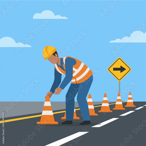 "Road Construction Worker with Safety Cones"
Flat vector worker placing traffic cones, road lines in simple geometric forms, bold warning colours (orange, yellow), flat minimal style.