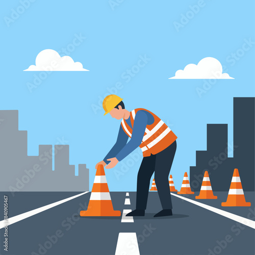 "Road Construction Worker with Safety Cones"
Flat vector worker placing traffic cones, road lines in simple geometric forms, bold warning colours (orange, yellow), flat minimal style.