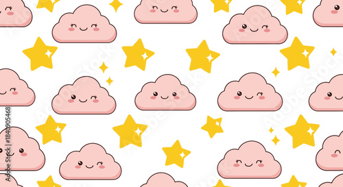 Whimsical pink cartoon clouds featuring sweet smiling faces and sparkling golden stars create a charming, repeating pattern ideal for children's designs.