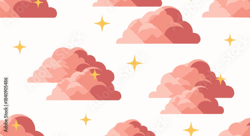 A charming seamless pattern featuring whimsical pink clouds and sparkling golden stars, creating a dreamy and playful background design.