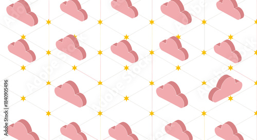 A delightful seamless pattern features isometric pink clouds and yellow stars, linked by a dashed grid on a clean white background, creating a whimsical, dreamy design.