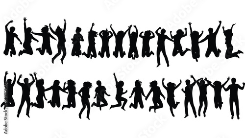 Silhouettes of people jumping and dancing on white background