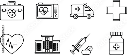 Eight medical and healthcare vector icons for health services emergency and medicine isolated on white background