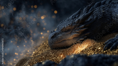 Ancient dragon sleeping on a mountain of gold, dim torchlight.