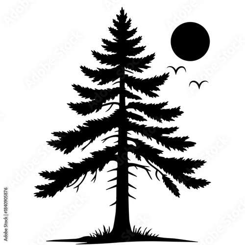 Pine Tree Silhouette Landscape Vector with Moon Nature Illustration in Minimal Black Style, tree, pine, forest, nature, landscape, silhouette