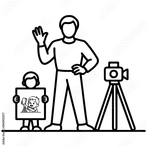 Hand Drawing of Photographer Taking Pictures with Camera on Tripod Minimal Line Art Illustration, photographer, camera, tripod, photo, photography, shooting, studio, portrait