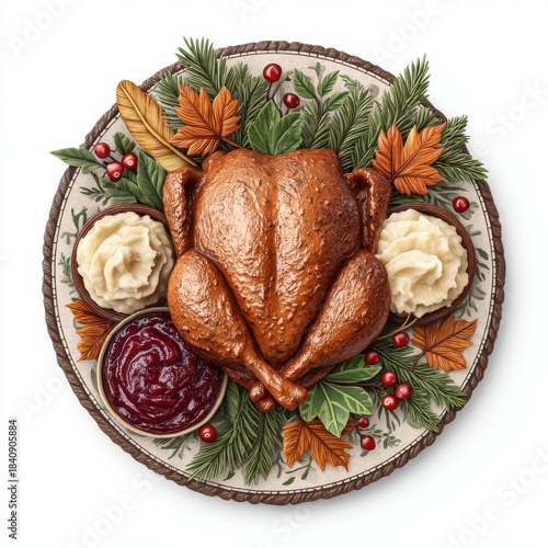 Golden Roasted Turkey With Cranberry Sauce And Mashed Potatoes Thanksgiving Feast