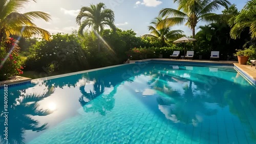 Tropical swimming pool with sparkling blue water surrounded by lush palm trees and sun loungers