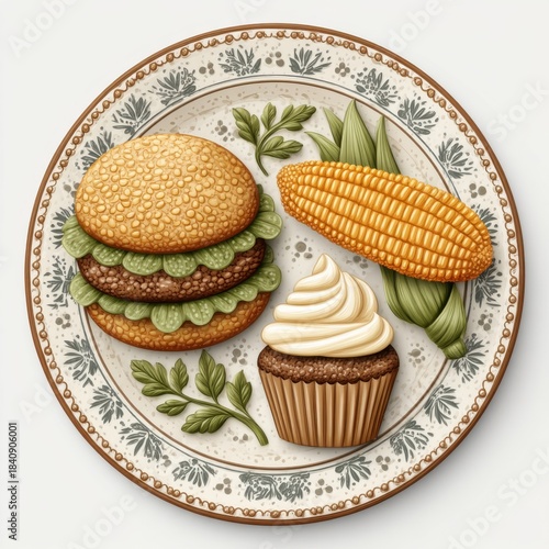 Gourmet Burger and Sweet Cupcake Served with Fresh Corn on Decorative Plate