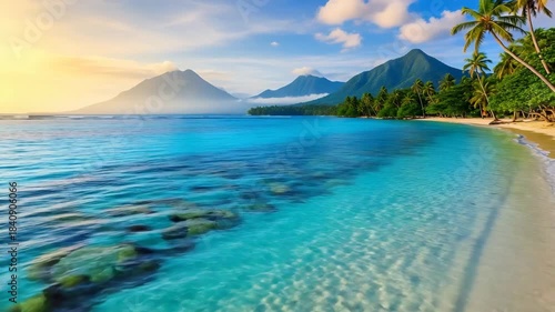 Tropical beach paradise with turquoise ocean water, white sandy shore, lush palm trees, and majestic mountains under a vibrant sky.