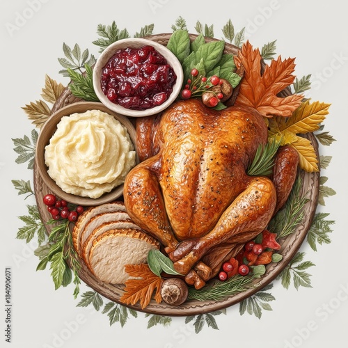 Golden Roasted Turkey with Mashed Potatoes and Cranberry Sauce Festive Thanksgiving Dinner Platter