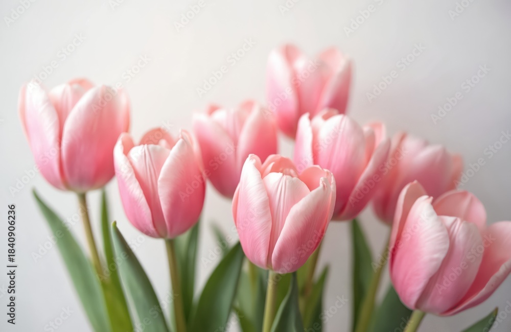 Fototapeta premium Soft pink tulips bloom gently against clean white background. Their delicate petals unfurl, revealing natures beauty. Green stems and leaves provide subtle contrast to pastel floral arrangement.