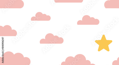 A delightful seamless pattern showcasing soft pink cartoon clouds and a single bright yellow star on a clean white background, ideal for whimsical children's designs.