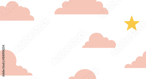 A charming minimalist illustration features soft pink cartoon clouds and a bright yellow star against a clean white background, evoking a serene and dreamy atmosphere.