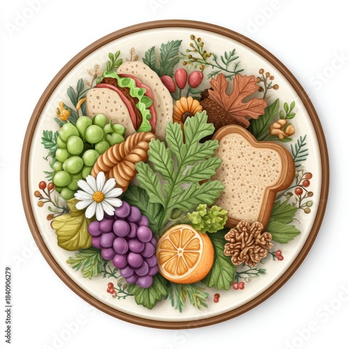Healthy Autumnal Harvest Plate With Grapes Sandwich And Orange Slice Isolated On White