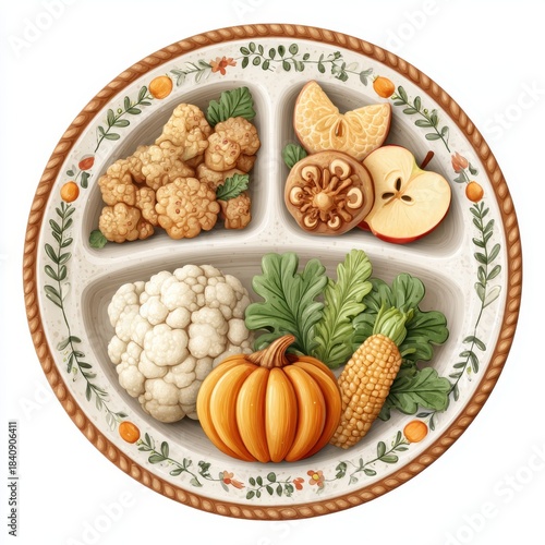 Healthy Harvest Plate With Pumpkin Cauliflower Corn and Fruit In Autumn Lighting