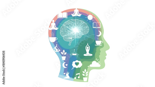 A colorful silhouette of a human head filled with various icons representing mental health, mindfulness, well-being, and thought processes, with a glowing brain at its center.