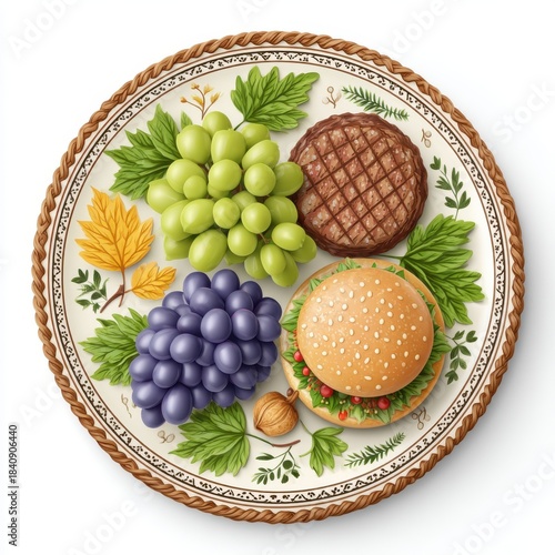 Healthy Meal Plate with Grapes Burger Patty and Fresh Greens Isolated on White