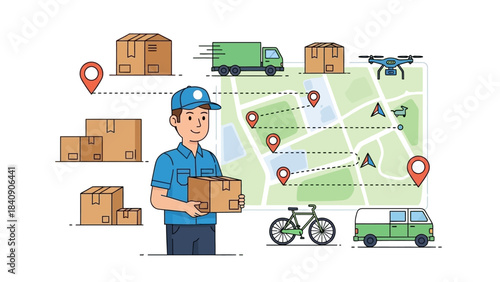 A delivery man holding a package with a map showing various transport methods and routes for logistics and shipping.