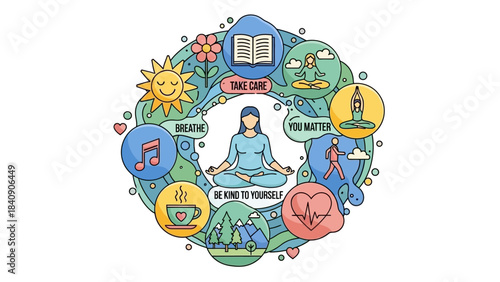 Illustration of a woman meditating surrounded by icons representing self-care, mindfulness, and mental well-being, including nature, books, exercise, music, and healthy habits.