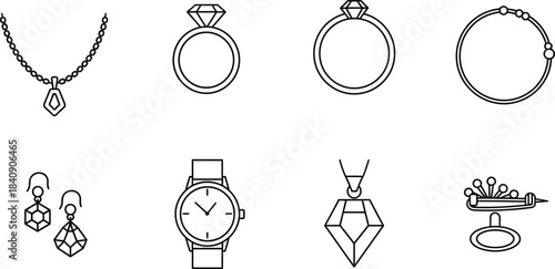 Jewelry collection vector icon set featuring rings, necklace, bracelet, earrings, and watch outline symbols isolated on white background
