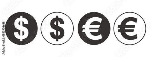 Dollar euro currency icon set, featuring global money exchange symbols, banking wallet graphics, financial payment elements, and income concepts suitable for fintech projects, business presentations,
