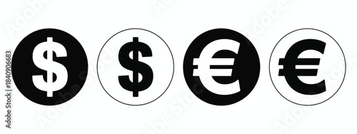 Dollar euro currency graphics showcasing exchange symbols, banking wallet icons, payment indicators, and income concepts, perfect for fintech interfaces, business materials, global finance themes,