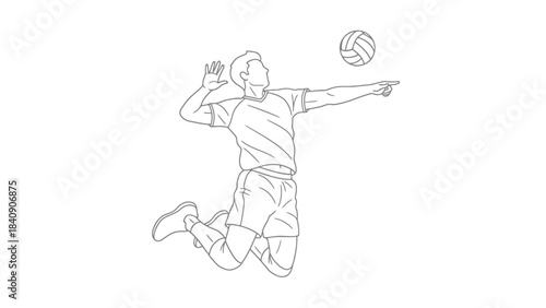 Dynamic Line Art Illustration of Athlete Jumping to Spike Volleyball