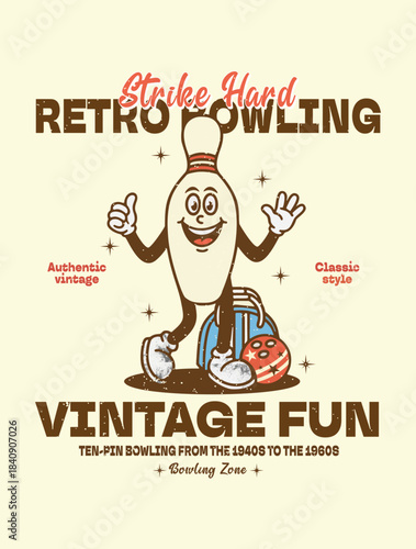 Nostalgic retro-style cartoon illustration of a cheerful anthropomorphic bowling pin character giving double thumbs up, with sparkling stars, a blue bowling ball.