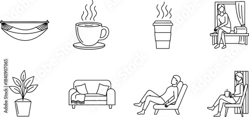 Set of 8 comfort and relaxation vector outline icons depicting leisure activities isolated on white background