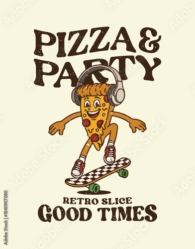 Lively retro-style cartoon illustration of a cheerful anthropomorphic pizza slice with pepperoni toppings, wearing oversized headphones and skateboarding with a big smile and dynamic pose. 