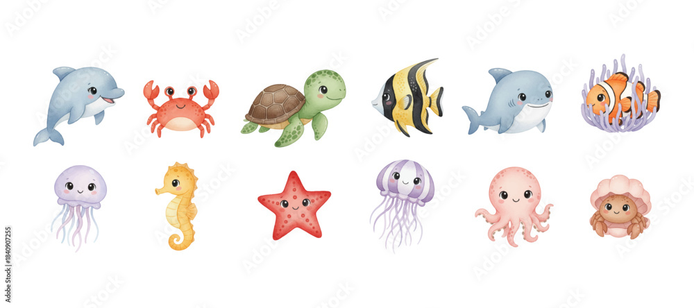 Fototapeta premium watercolor kawaii sea animals collections