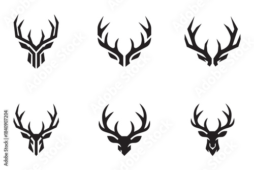 Collection of modern black deer head logos with antlers abstract stag emblems
