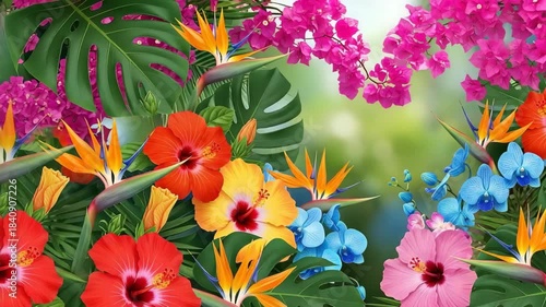 Vibrant tropical flowers and lush green foliage create a colorful paradise background for summer designs.