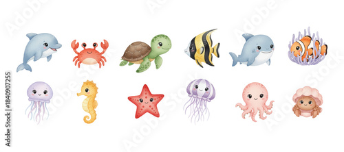 watercolor kawaii sea animals collections