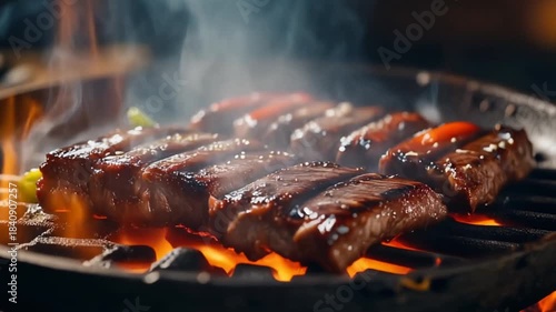 Juicy Kalbi Grilling Over Charcoal