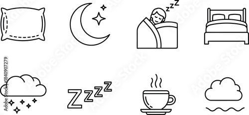 Set of 8 sleep and morning routine line vector icons featuring various symbols isolated on white background