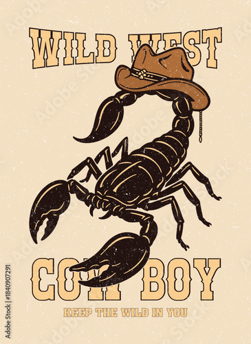 Playful retro style cartoon illustration of a fierce scorpion dressed as a cowboy with a hat, set against a vintage beige background.