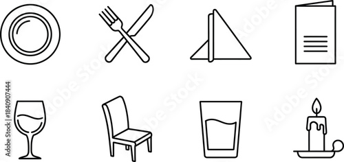 Set of eight dining and restaurant service vector line icons including plate, cutlery, and wine glass isolated on white background