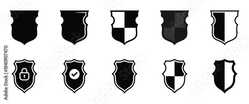 Vector isolated shield icons set. Privacy safety shield icons set on white background. Secure safety shield silhouette icons. EPS 10