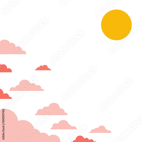 A serene minimalist illustration featuring a bright yellow sun and whimsical pink clouds against a pristine white background, perfect for tranquil designs.