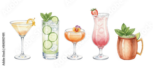 watercolor cocktail and mocktail drinks