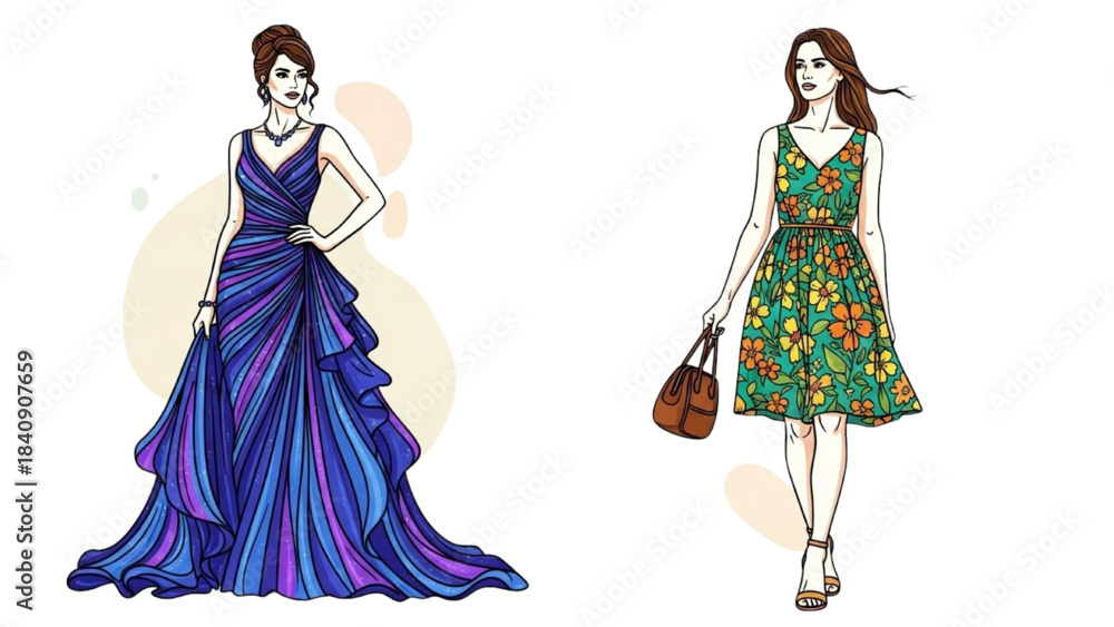 Fototapeta premium High-quality black outline colorful art of two women, one wearing a flowing evening gown posing gracefully, and the other in a casual summer dress walking with a relaxed posture holding a small bag